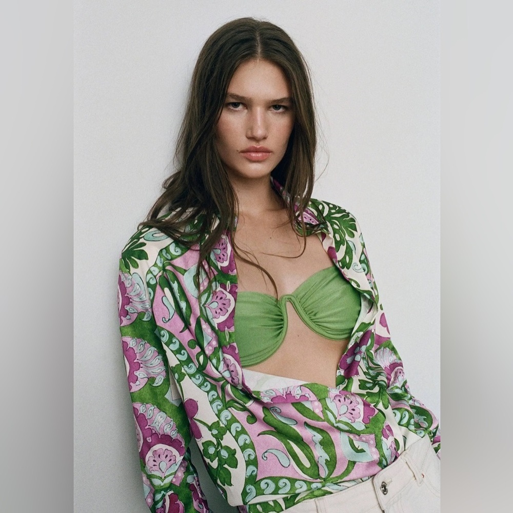 MANGO Italian Fabric‎ Floral Satin Relaxed Button Up Shirt Green Size 4